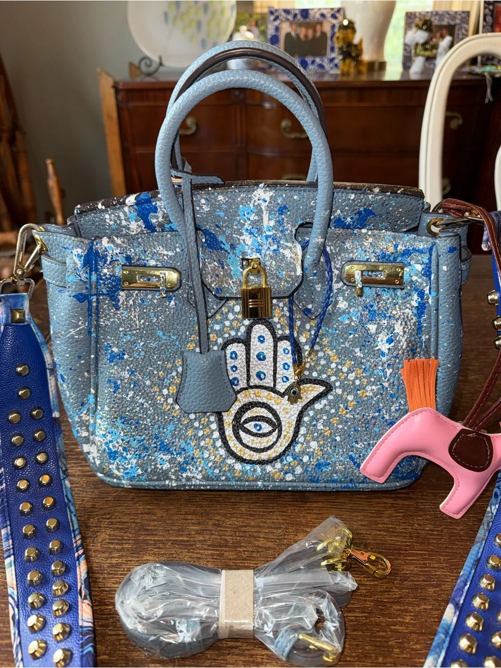 EUC Anca Barbu original hand painted Nicole satchel bag Hamsa pattern w/2 straps